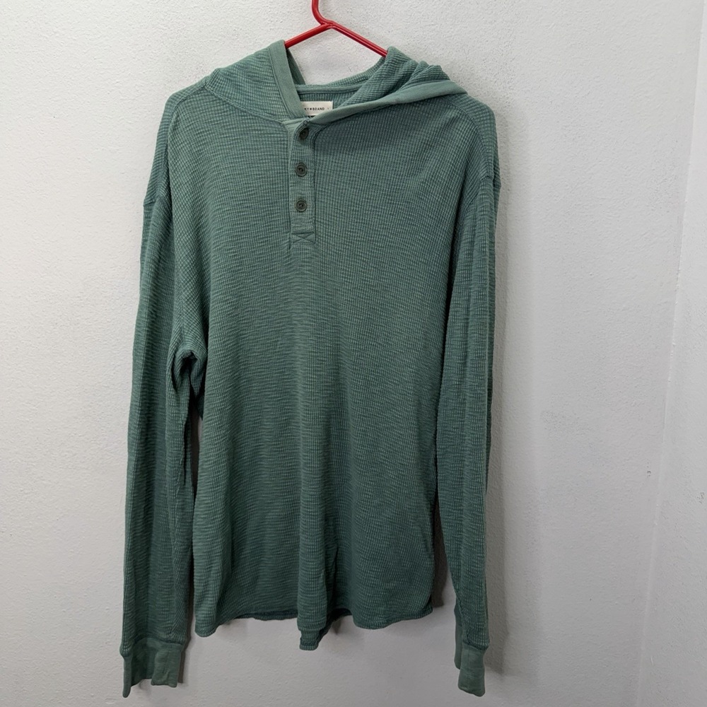 Lucky Brand Shirt Mens L Green Waffle Knit Henley Hoodie Thermal Pullover